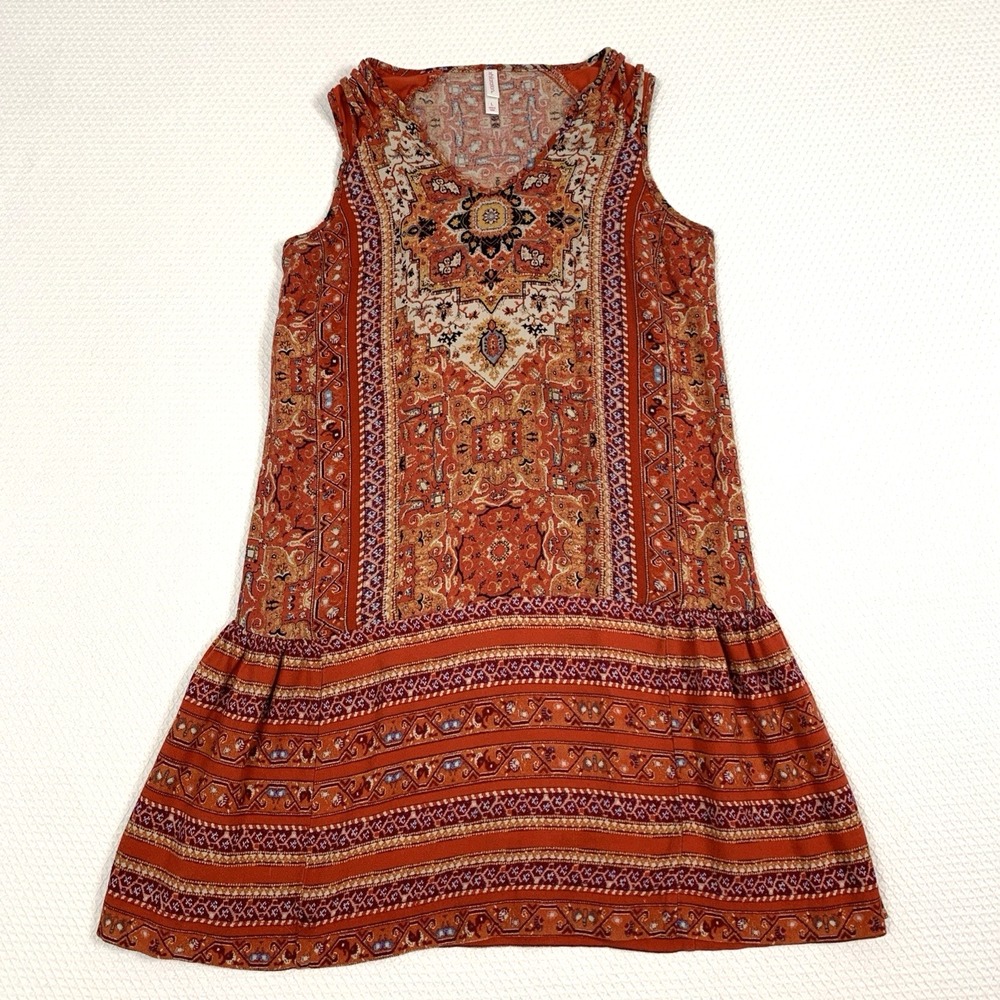 Xhilaration Orange Boho Print Drop Waist Dress Women's Large L Sleeveless V Neck